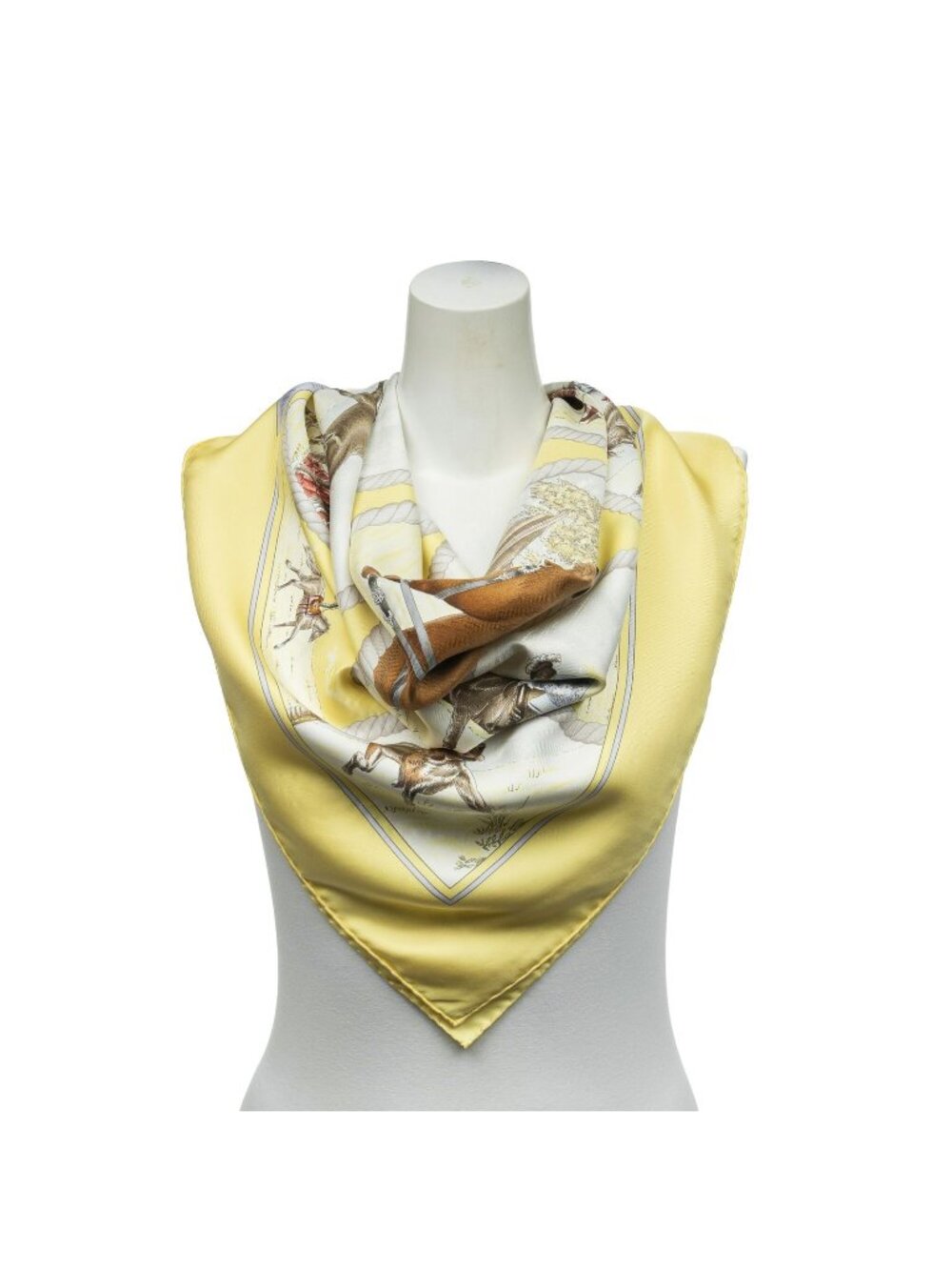 Hermes Scarf Yellow Ivory Brown Twill Silk